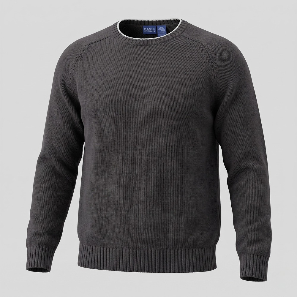 Basic Editions Mens Large Gray Cotton Sweater Crewneck Raglan Solid Casual
